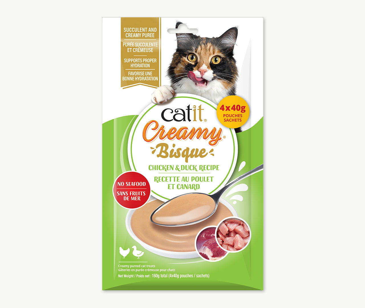 Catit Creamy Bisque chicken and duck flavored cat treat packaging for kittens