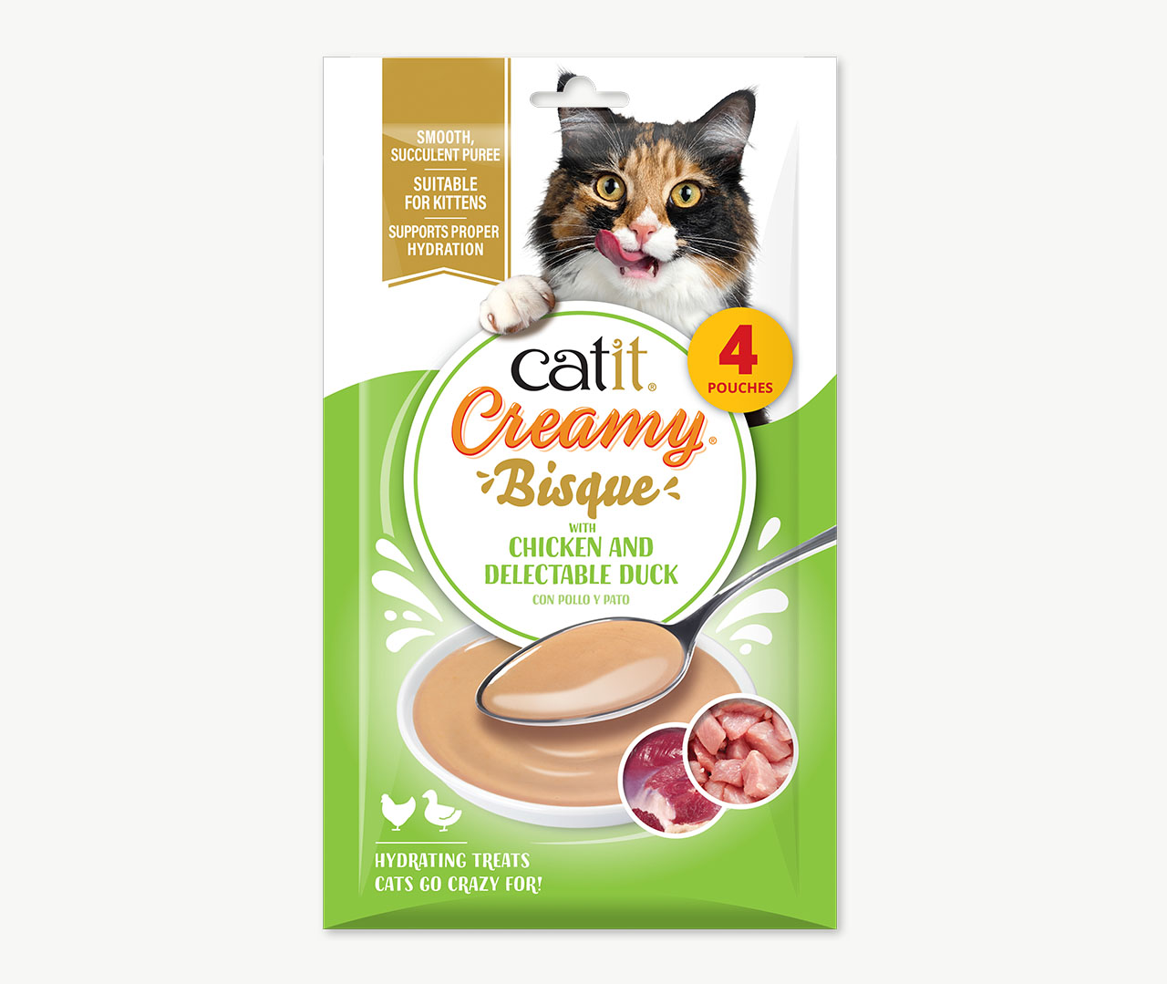 Catit Creamy Bisque chicken and duck flavored cat treat packaging for kittens