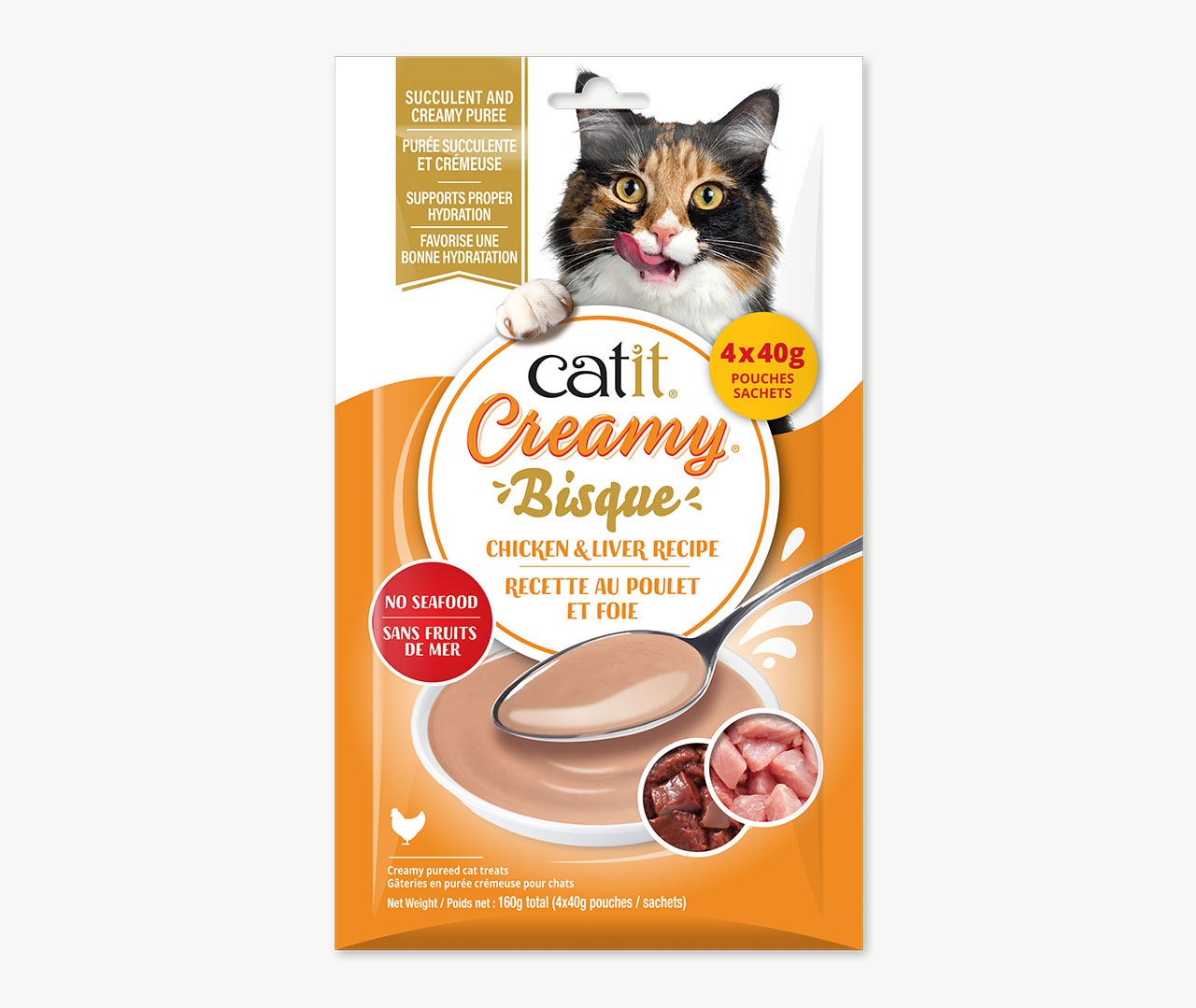 Catit Creamy Bisque chicken and liver cat treat packaging containing four 40g pouches suitable for kittens