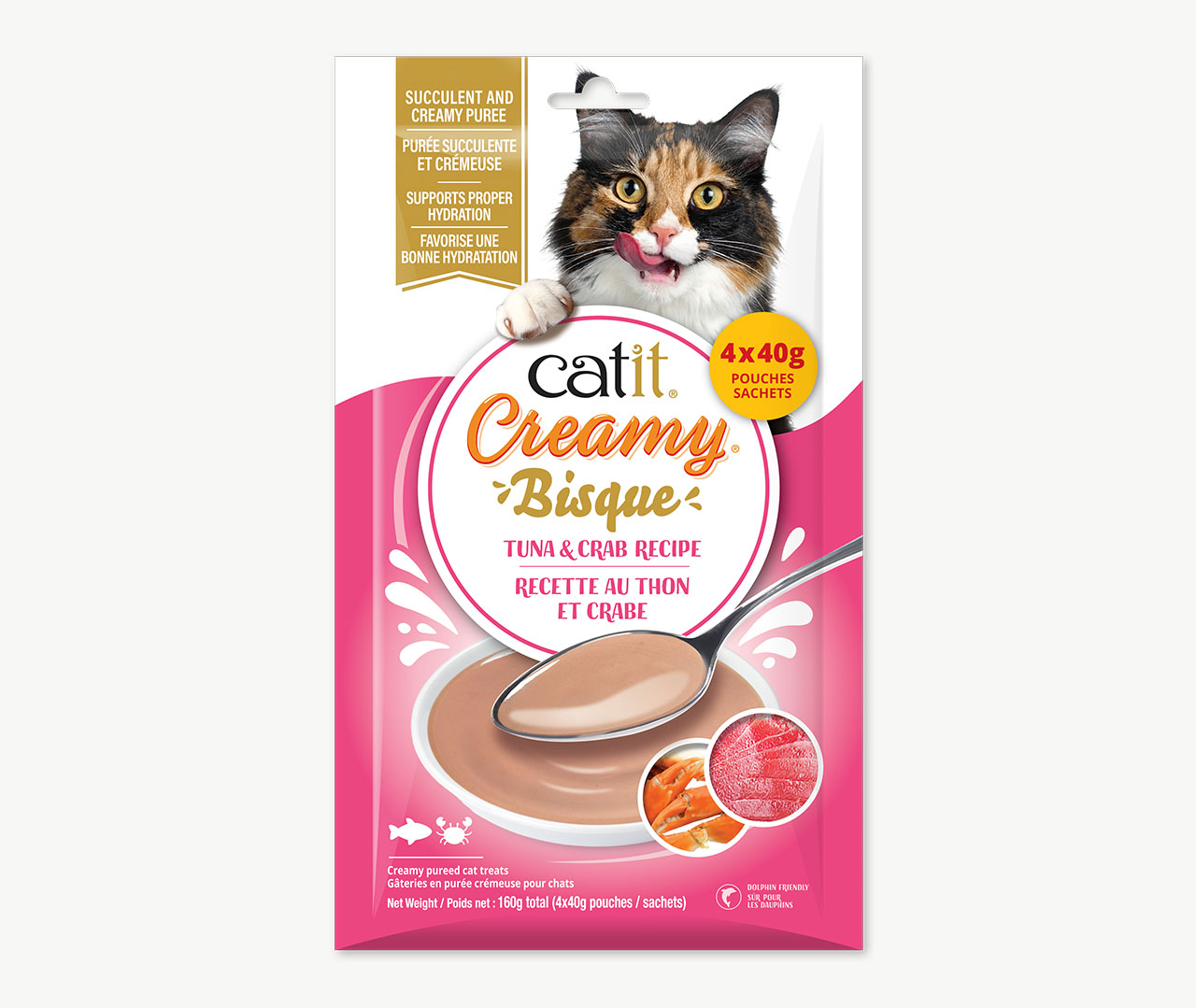 Catit Creamy Bisque tuna and crab cat treat packaging featuring a cat and a bowl of creamy puree