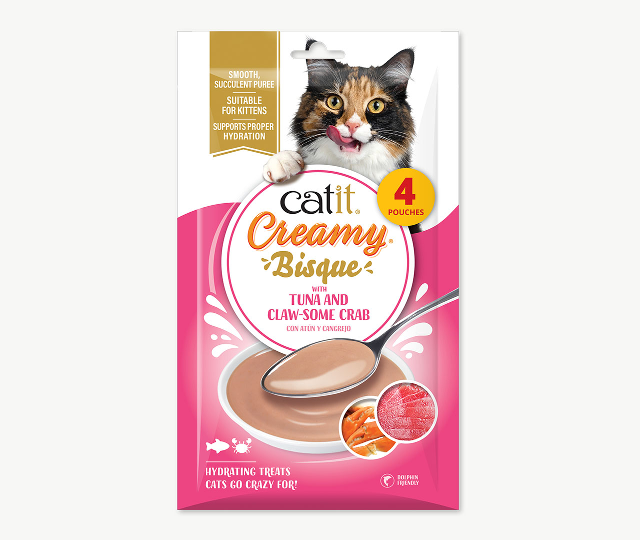 Catit Creamy Bisque tuna and crab cat treat packaging featuring a cat and a bowl of creamy puree