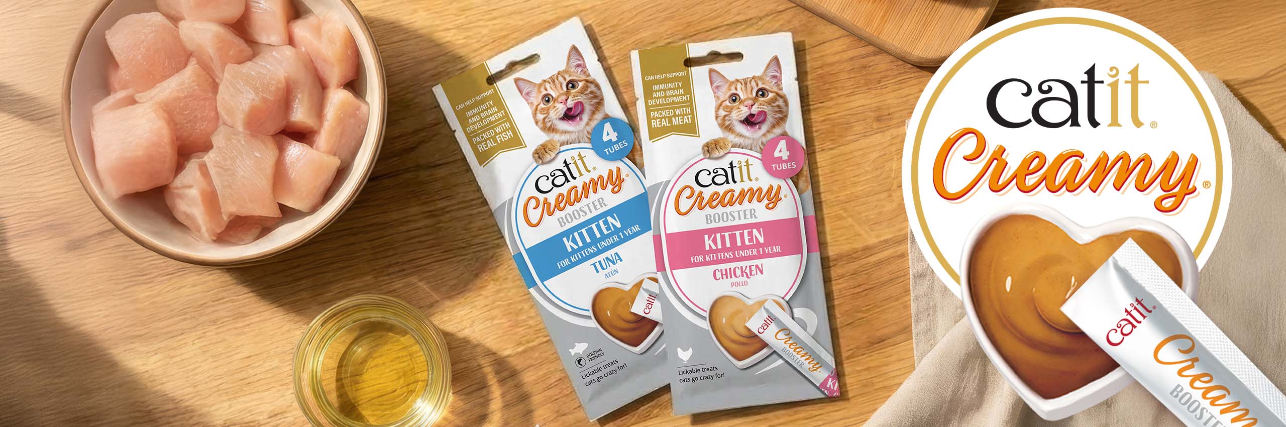 Catit Creamy Booster lickable treats for kittens in tuna and chicken flavours