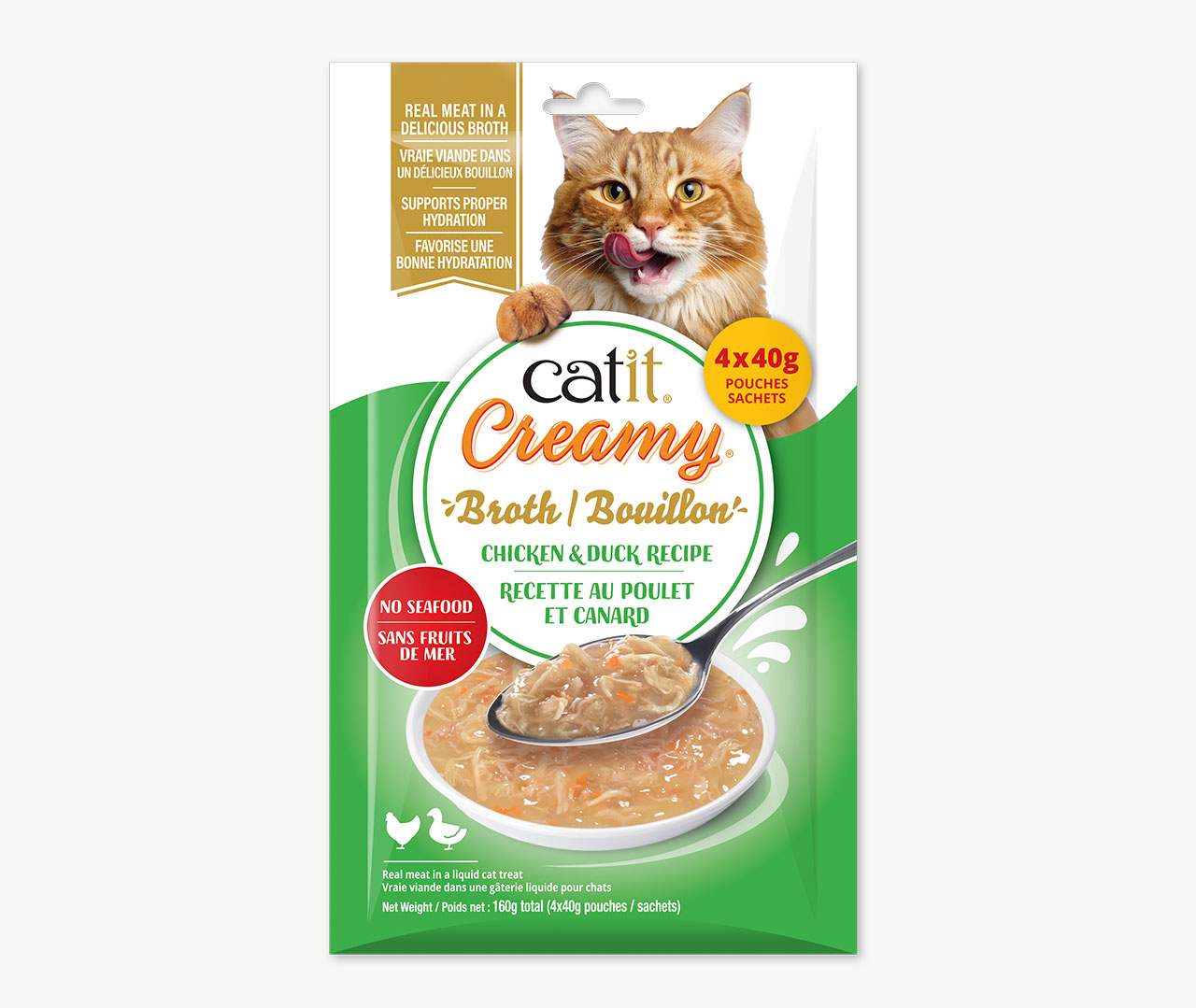 Catit Creamy Broth chicken and duck cat treat packaging containing four 40g pouches