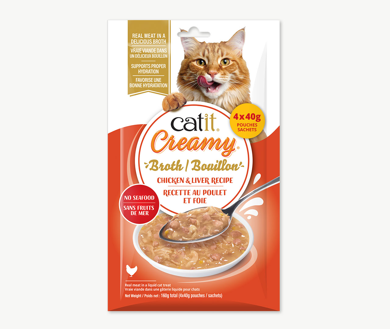 Catit Creamy Broth chicken and liver cat treat packaging containing four 40g pouches