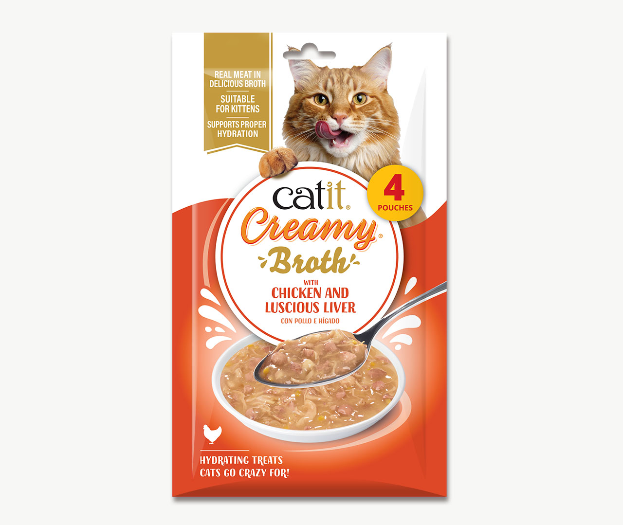 Catit Creamy Broth chicken and liver cat treat packaging containing four 40g pouches