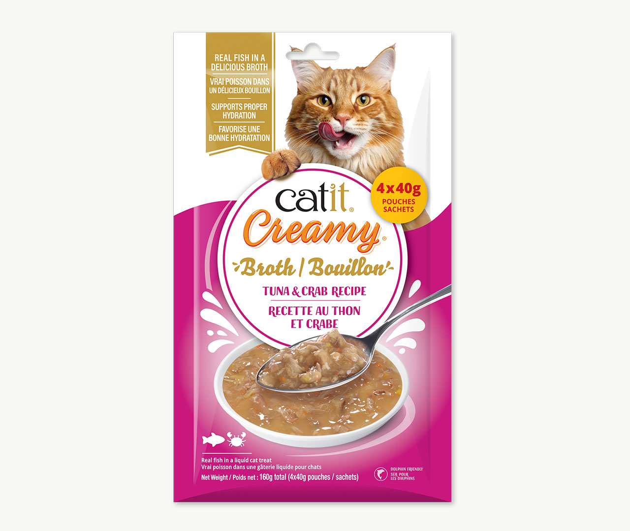 Catit Creamy Broth cat treat packaging with tuna and crab flavor, containing four 40g pouches