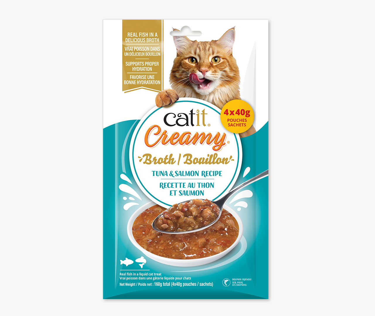 Catit Creamy Broth cat treat packaging featuring tuna and salmon flavor