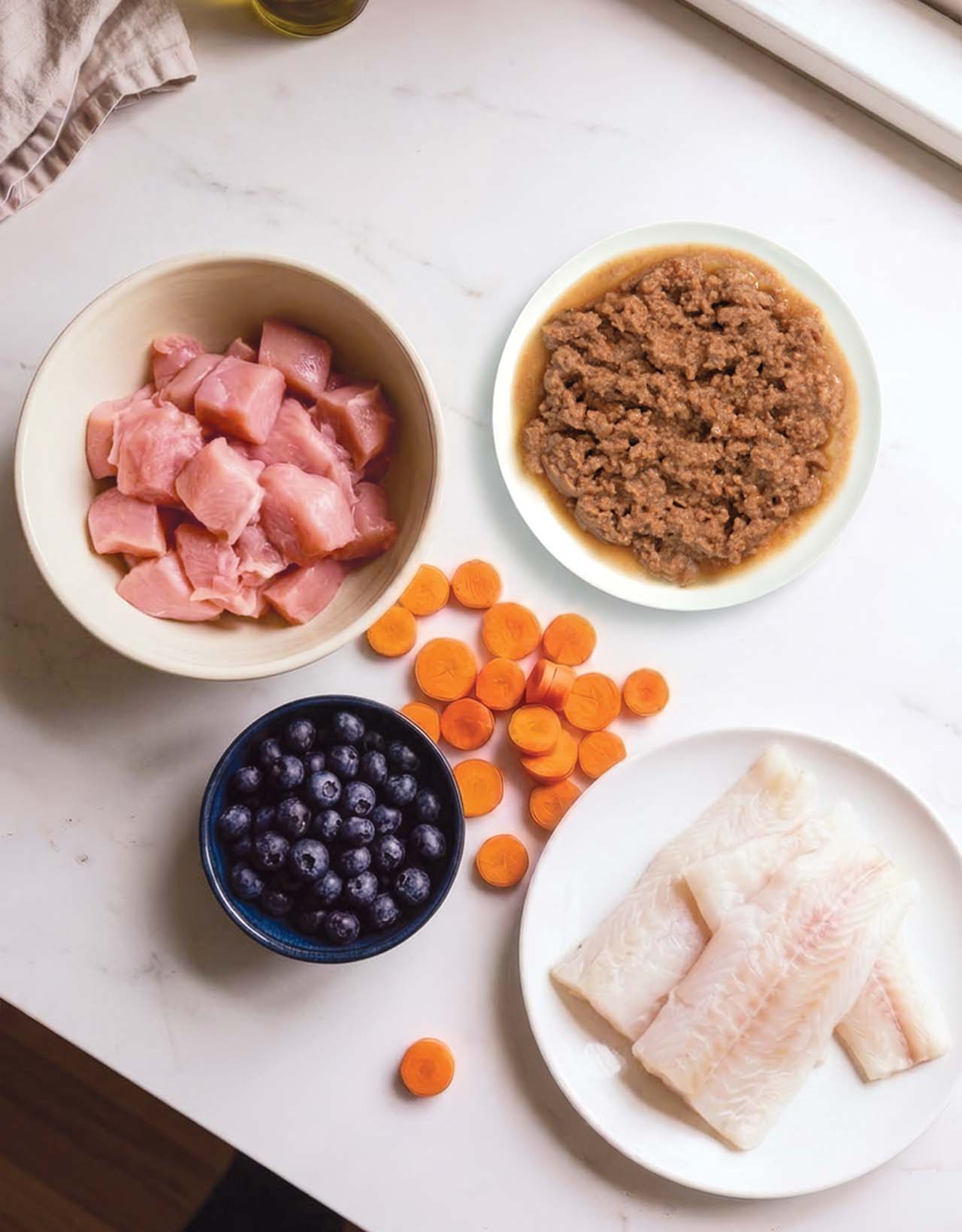 Raw chicken, white fish, blueberries, sliced carrots, and apple slices arranged on a white countertop for cat food prep