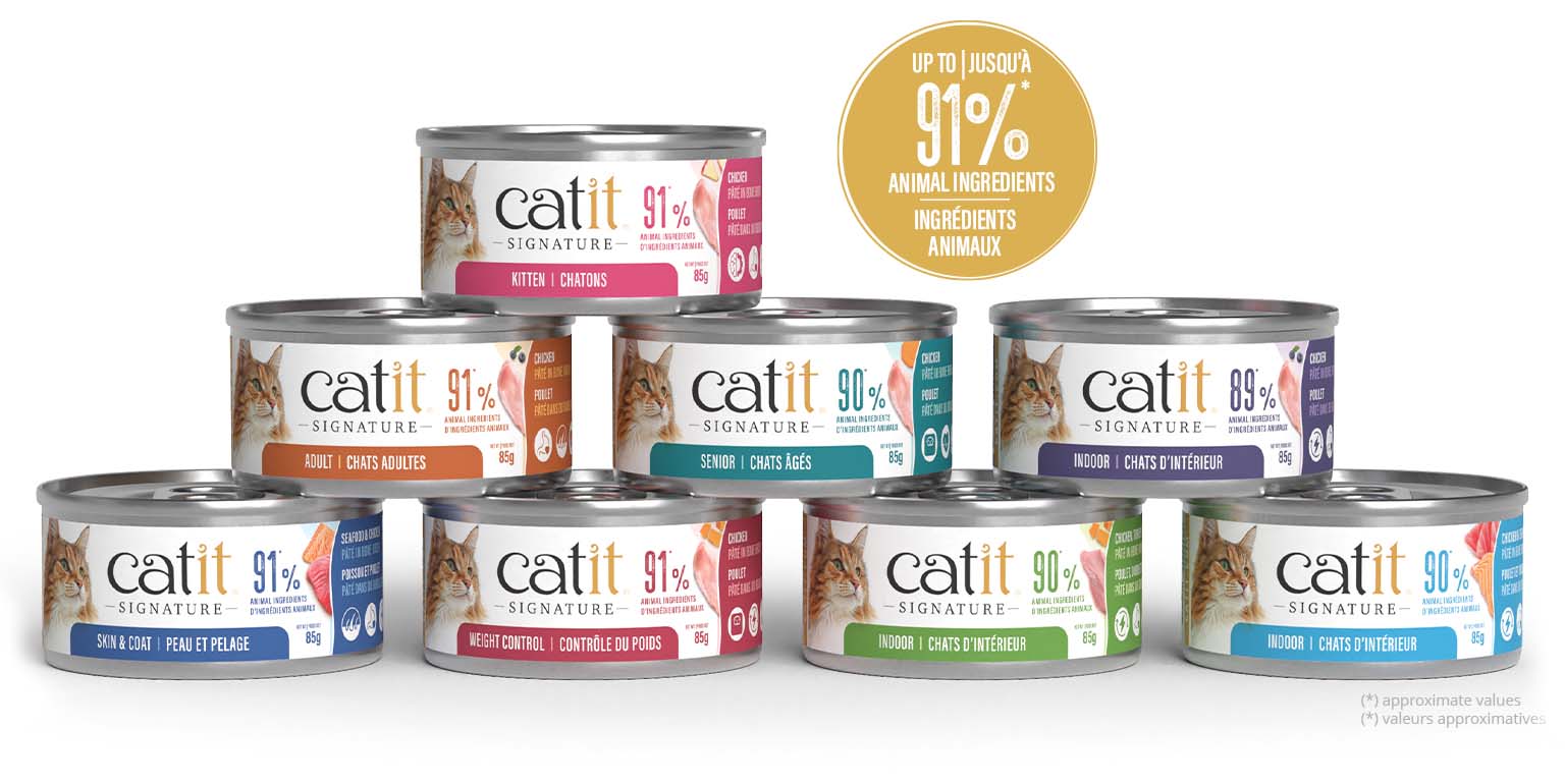 Catit Signature wet cat food cans in various formulas including Kitten, Adult, Senior, Indoor, Skin & Coat, and Weight Control