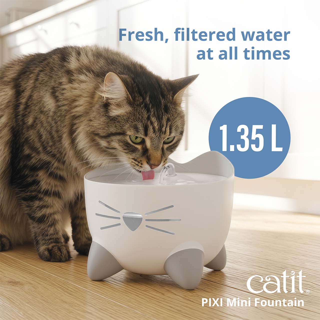 fresh, filtered water at all times. PIXI Mini Fountain in kitchen setup with large tabby cat drinking from it
