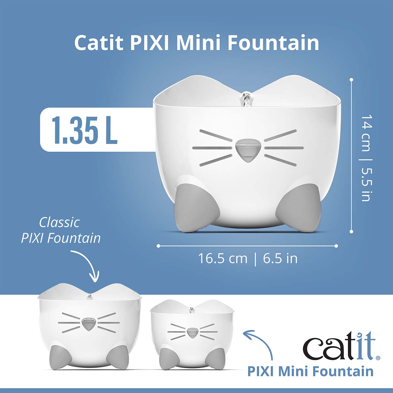 Catit PIXI Mini fountain front view with Dimensions  next to it and at the bottom the PIXI Fountain next to the PIXI Mini Fountain