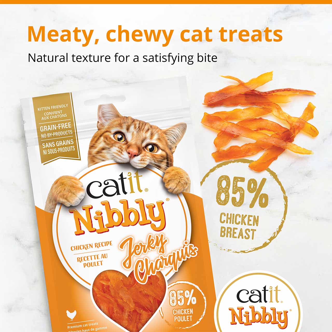 Catit Nibbly Jerky chicken cat treats, featuring 85% chicken breast in a grain-free, protein-packed, chewable strip format