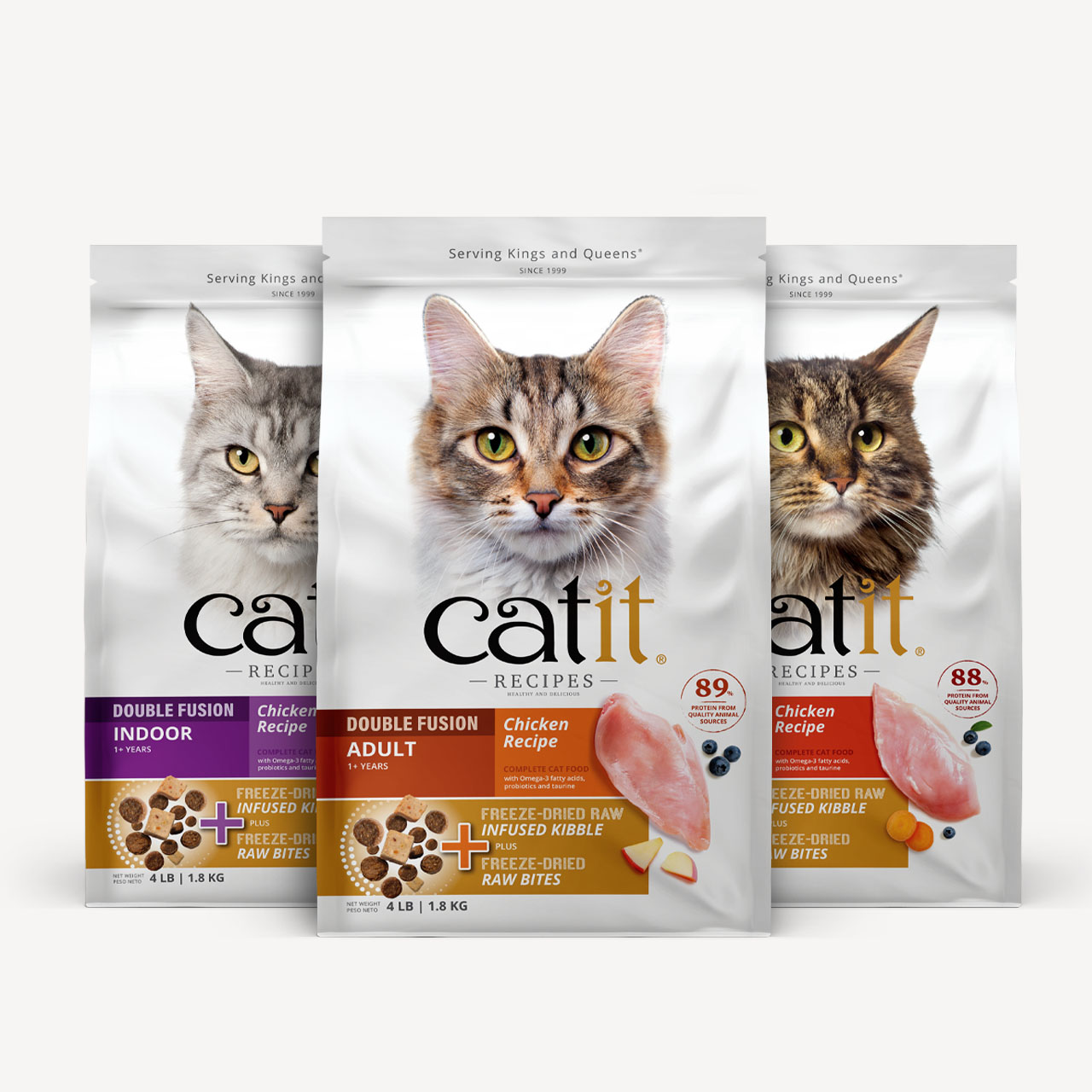 Three nags of 4lb Catit Recipes Double fusion on grey background