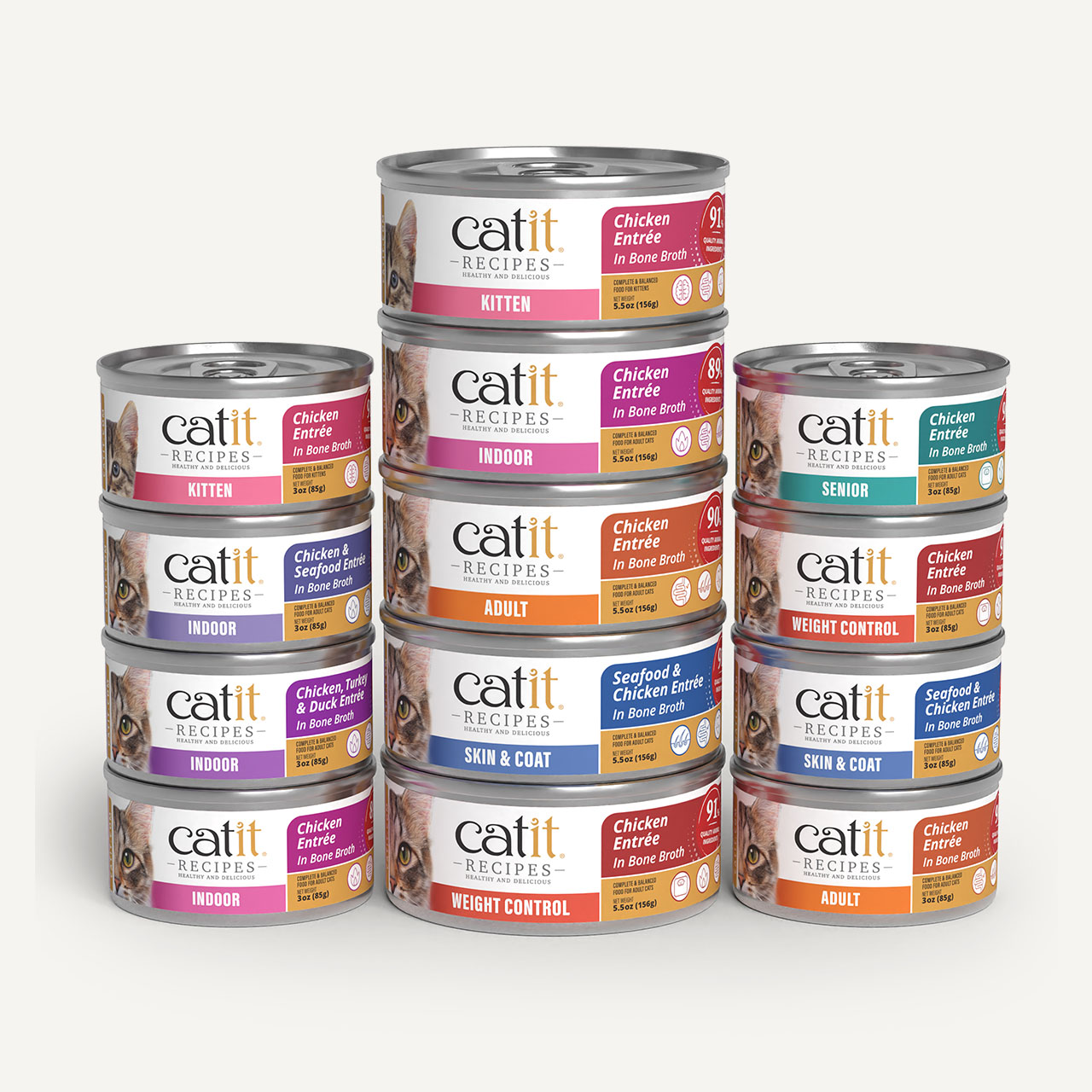 3 towers of Catit Recipes Entrée  cans on light grey background