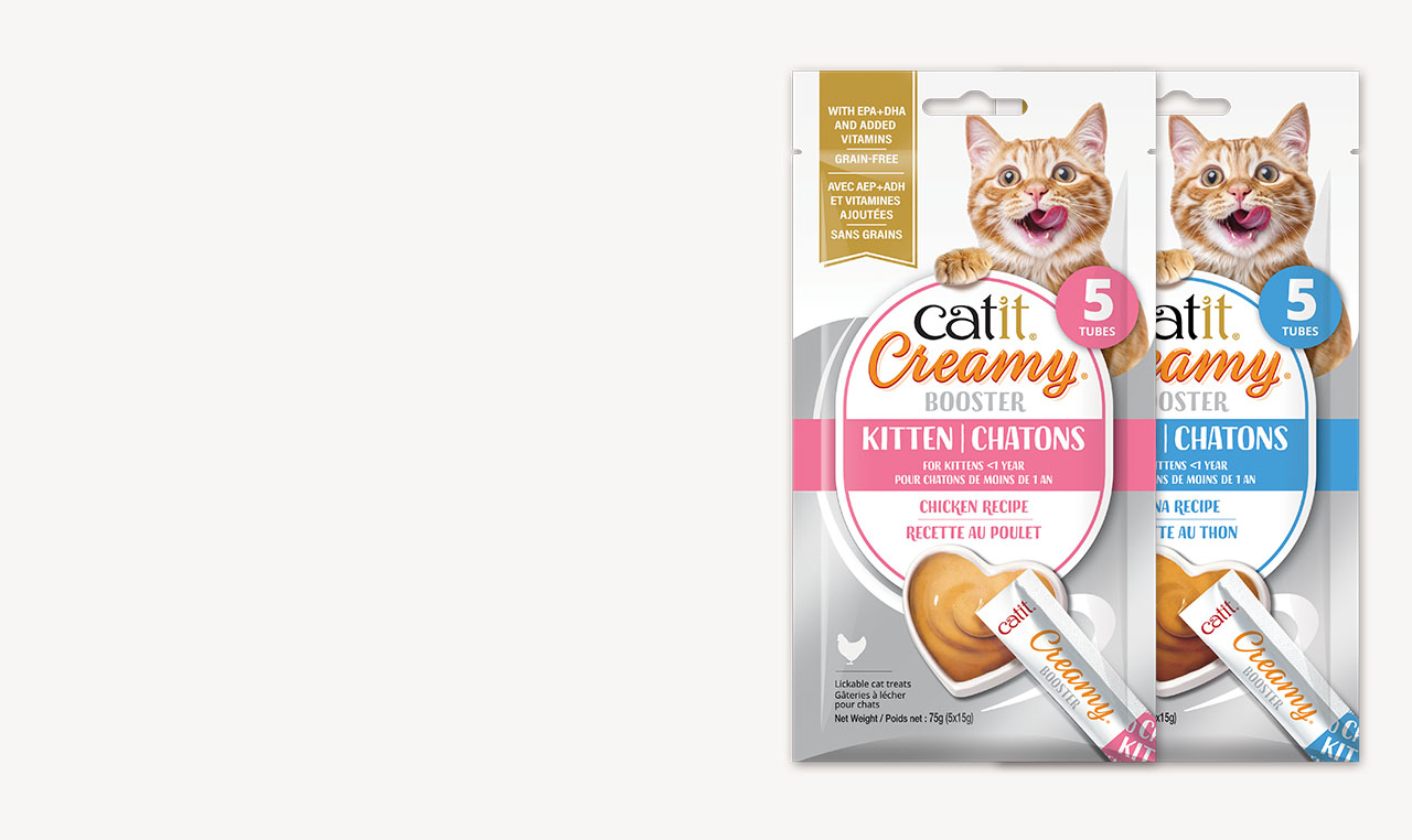 Catit Booster Kitten tuna packaging & Catit Booster Kitten Chicken packaging