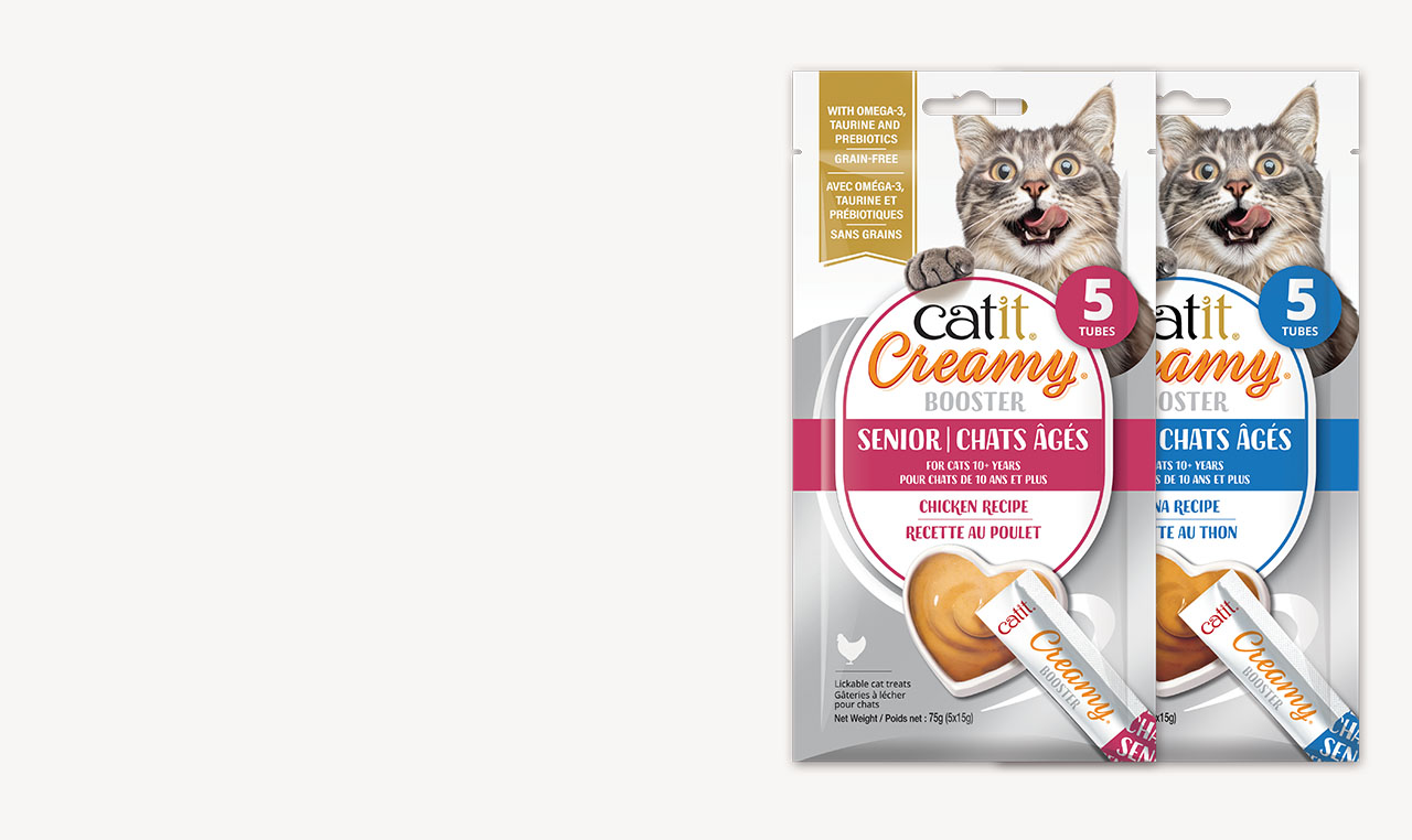 Catit Booster Senior tuna packaging & Catit Booster Senior Chicken packaging