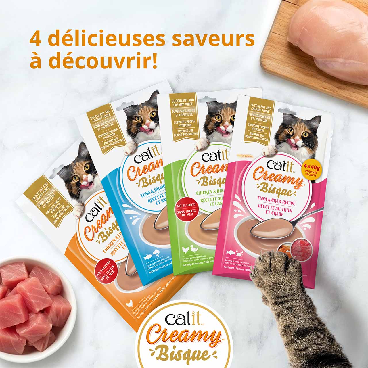 Quatre variétés de gâteries bisque Catit Creamy pour chats, avec mention qu’elles conviennent aux chatons