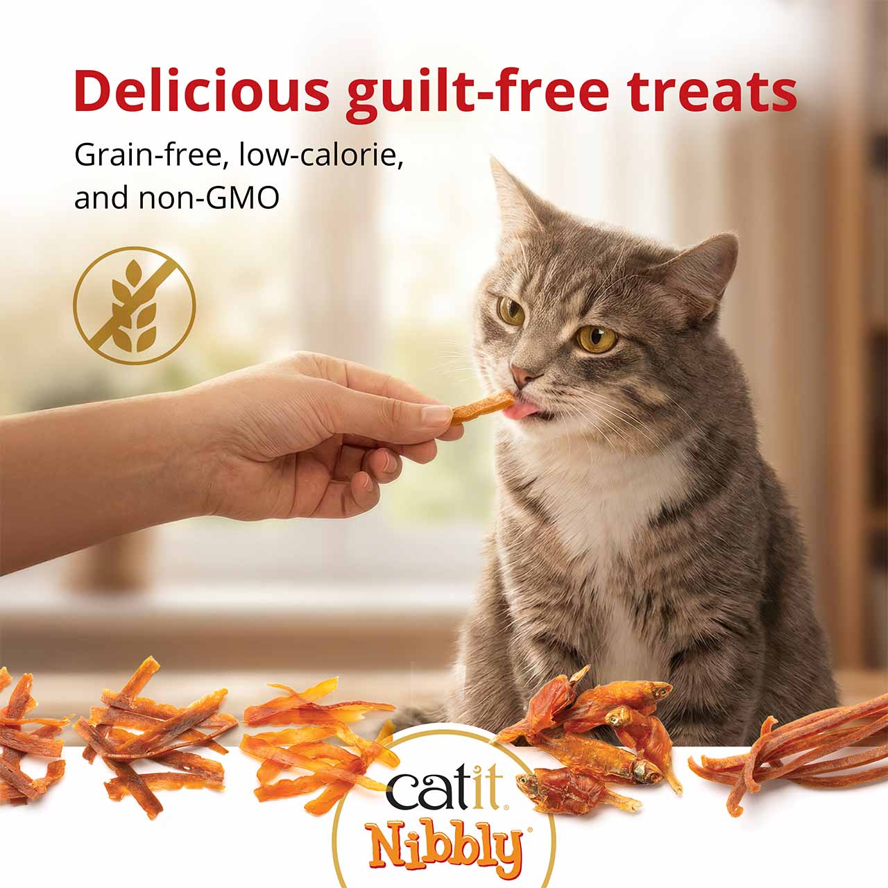 Promotional graphic showcasing various Catit Nibbly cat treat flavors and packaging styles