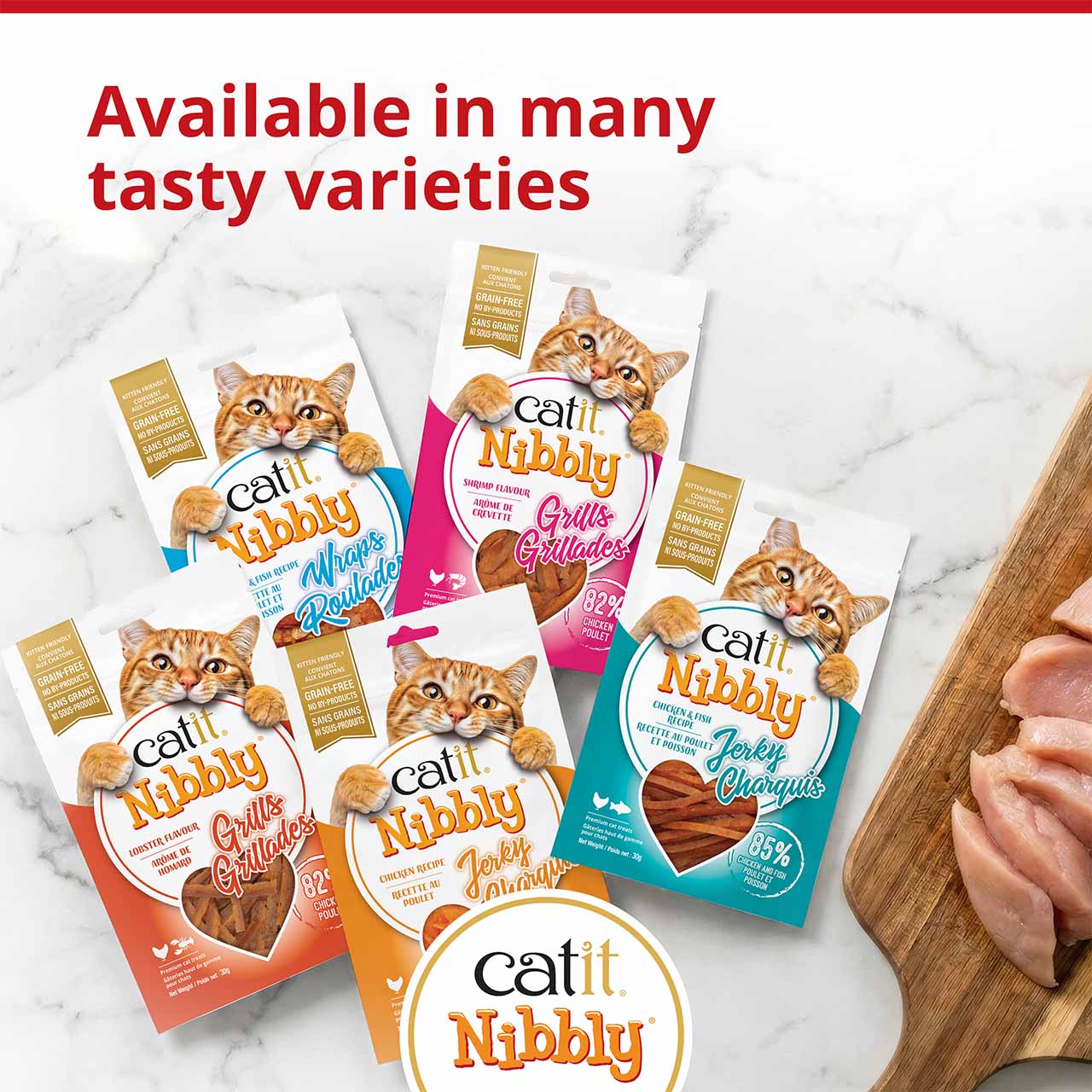 Promotional graphic showcasing various Catit Nibbly cat treat flavors and packaging styles