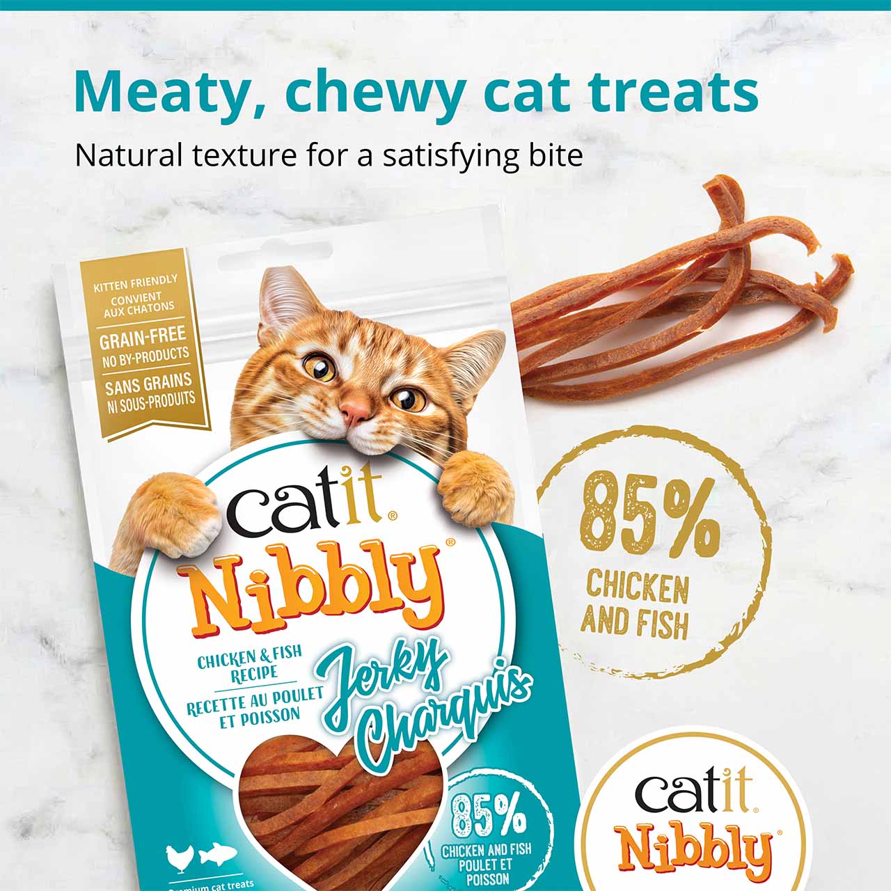 Catit Nibbly Jerky cat treats, featuring a grain-free, protein-packed formula made with 85% chicken and fish