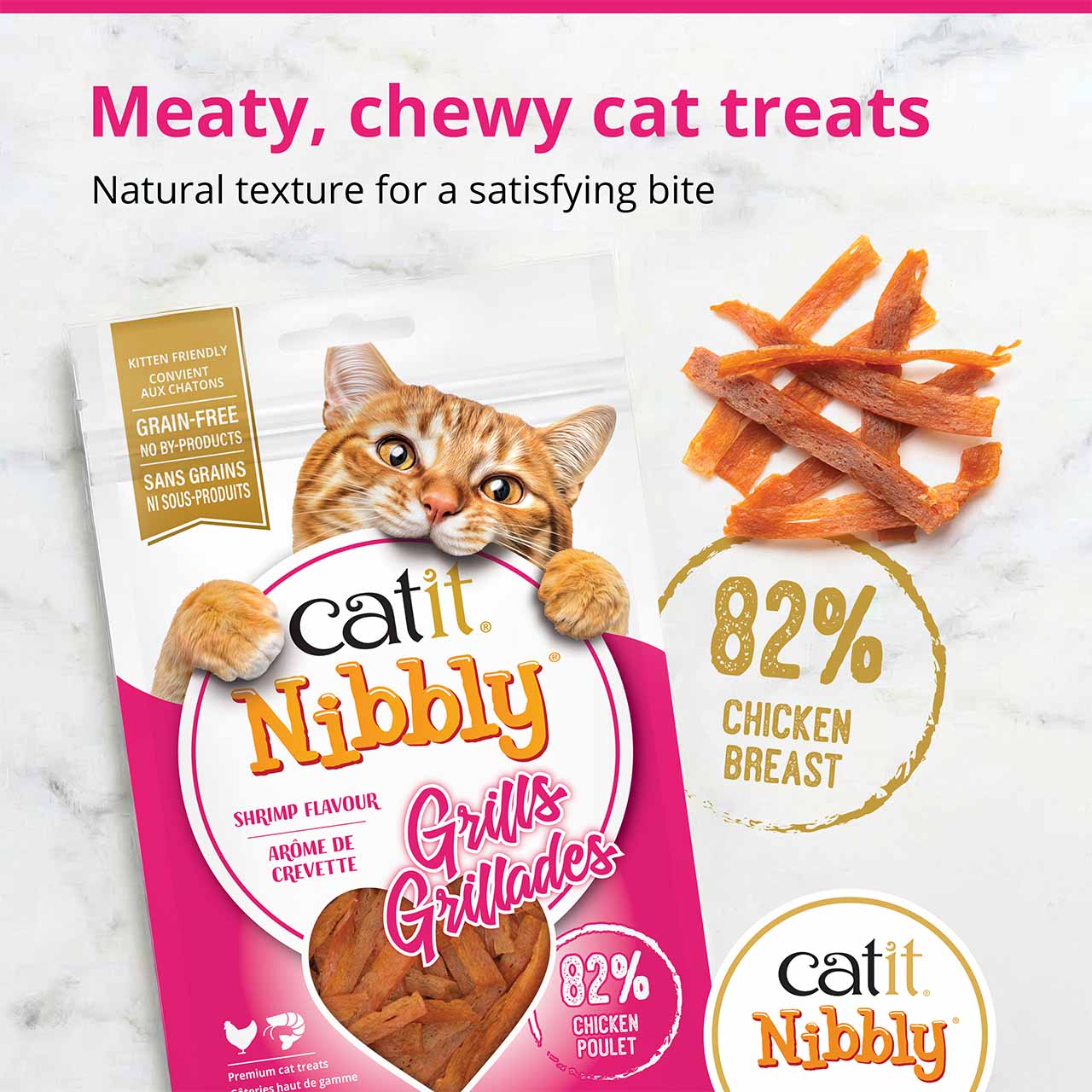 Catit Nibbly Grills cat treats, featuring 82% chicken breast and lobster flavor, in grain-free, protein-packed packaging