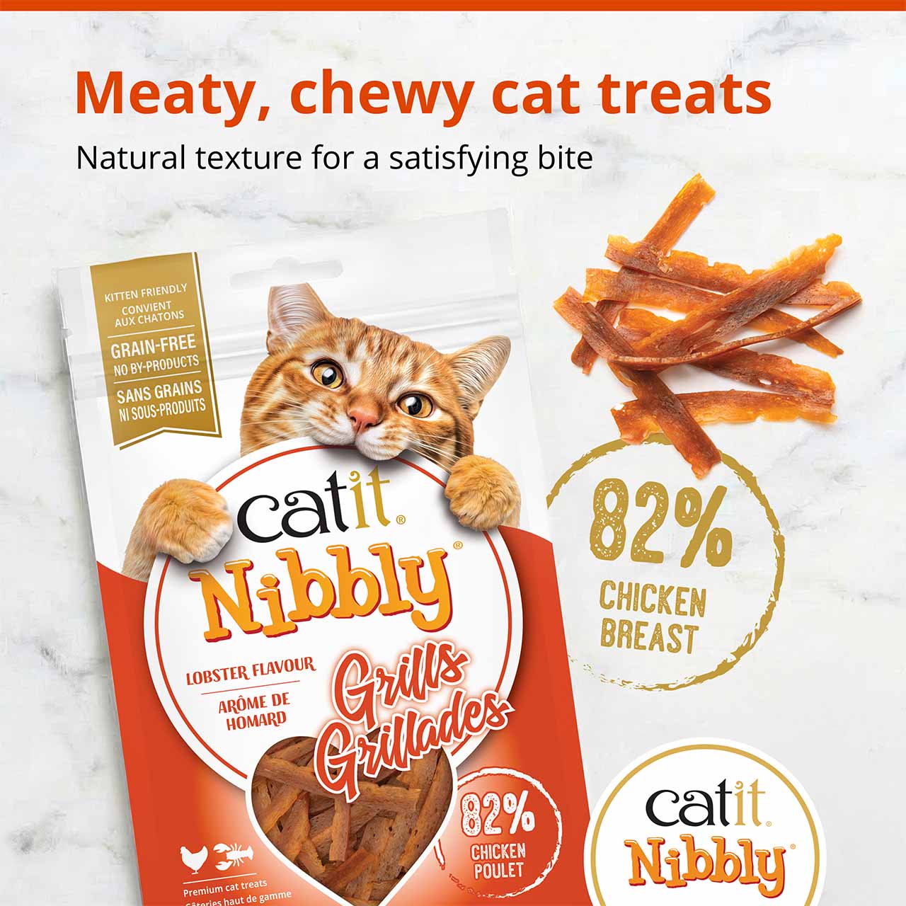 Catit Nibbly Grills cat treats, featuring 82% chicken breast and lobster flavor, in grain-free, protein-packed packaging