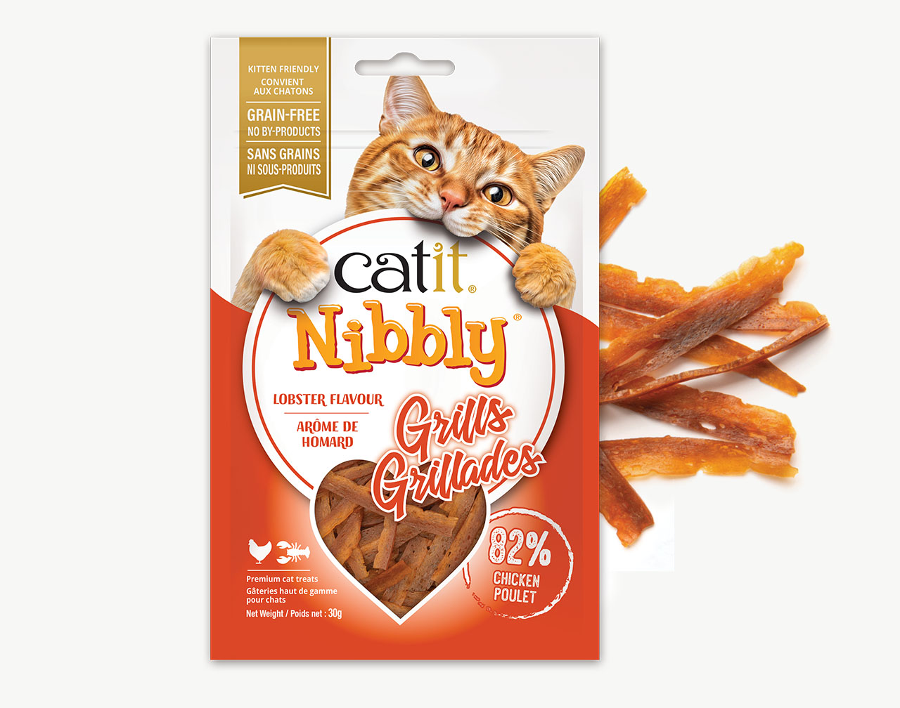Catit Nibbly Grills Chicken with Lobster Flavour packaging with Nibbly treats laying on the right