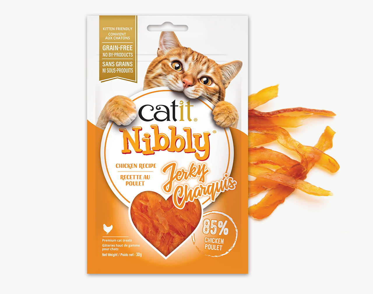 Catit Nibbly Jerky Chicken & Fish packaging with Nibbly treats laying on the right