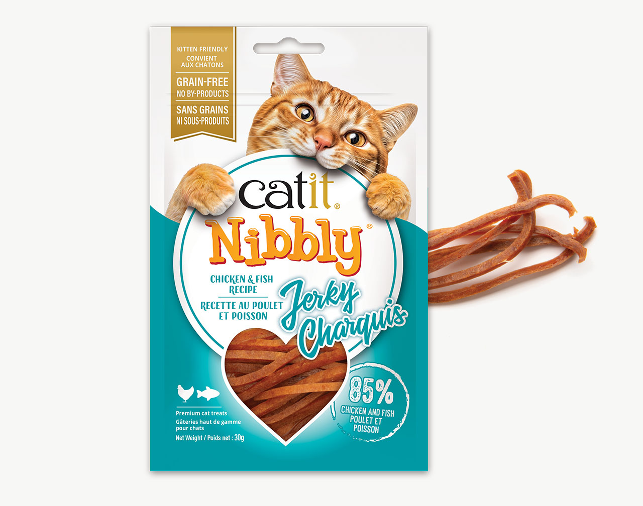Catit Nibbly Jerky Chicken & Fish packaging with Nibbly treats laying on the right