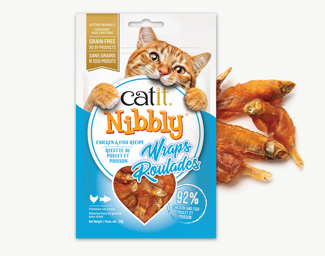 Catit Nibbly wraps packaging with Nibbly treats laying on the right