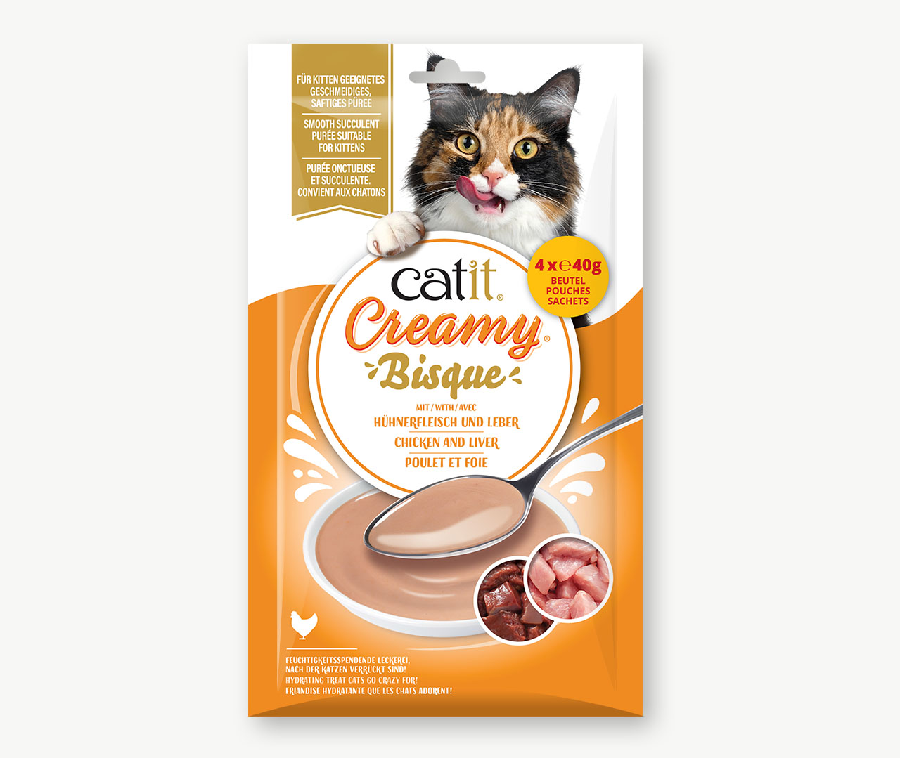 Emballage de friandises pour chat Catit Creamy Bisque au poulet et au foie, contenant quatre sachets de 40 g