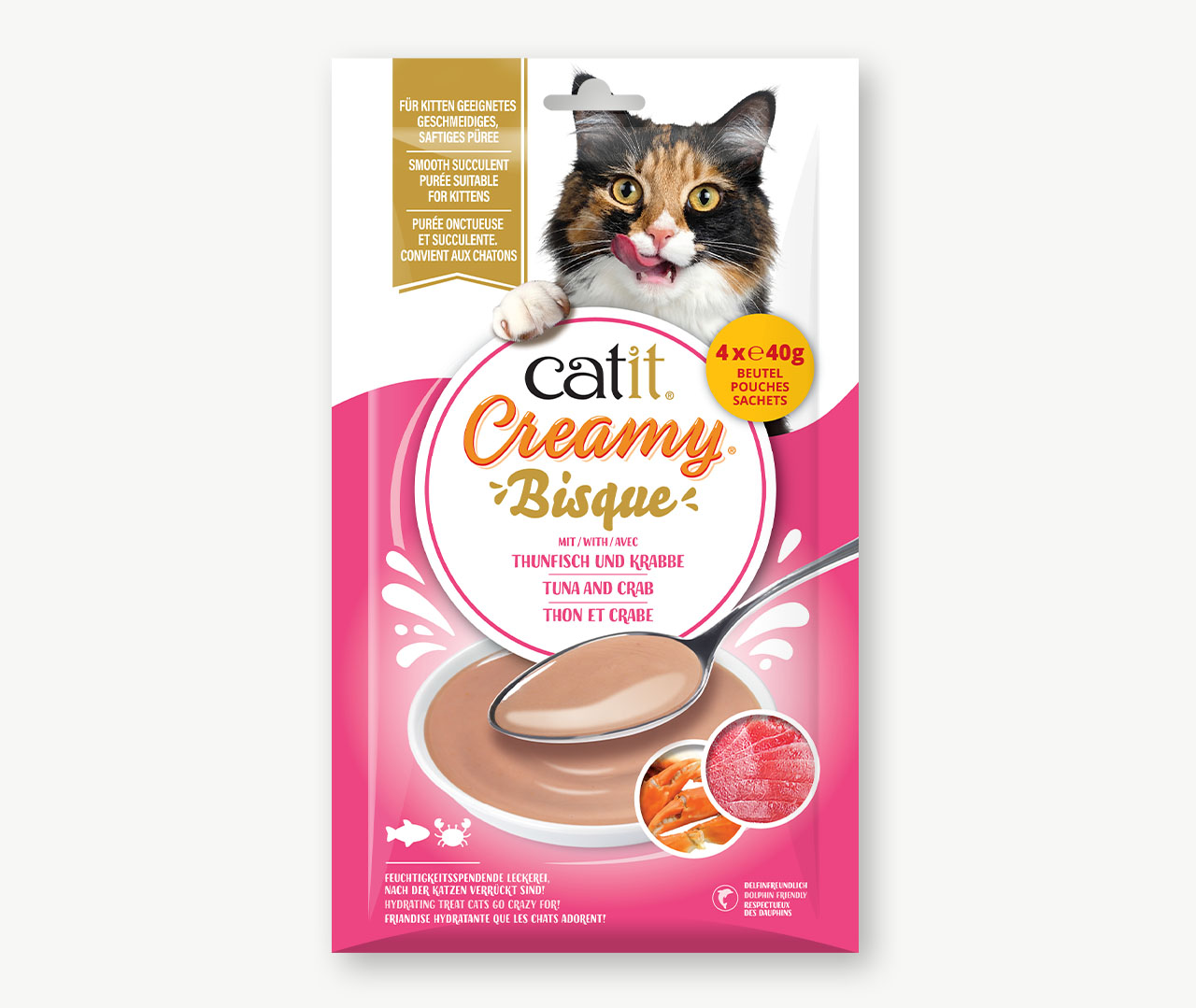 Emballage de friandises pour chat Catit Creamy Bisque au thon et au crabe, contenant quatre sachets de 40 g