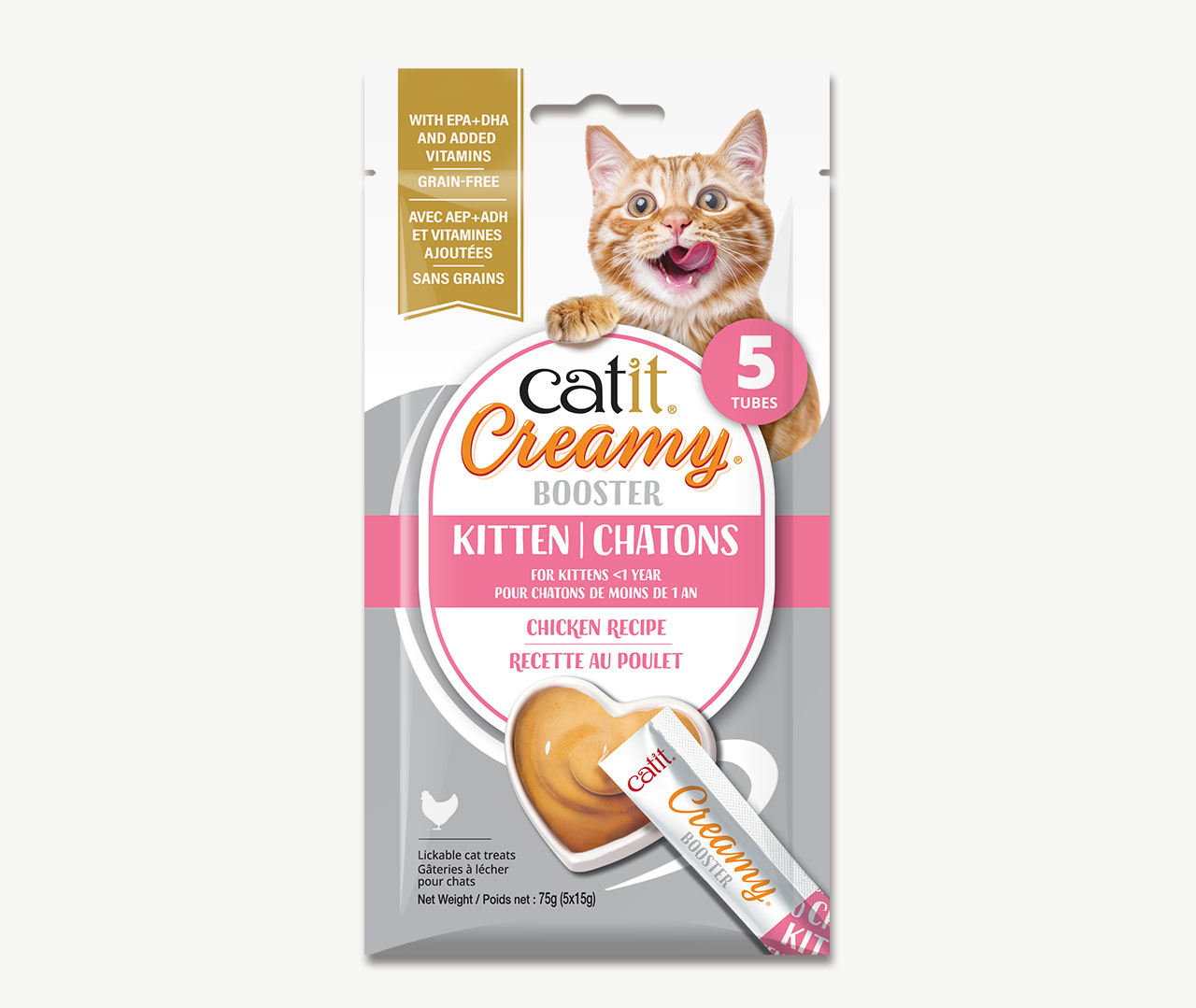 Emballage de gâterie Catit Creamy Booster pour chatons, recette au poulet, contenant 5 tubes de gâterie à lécher