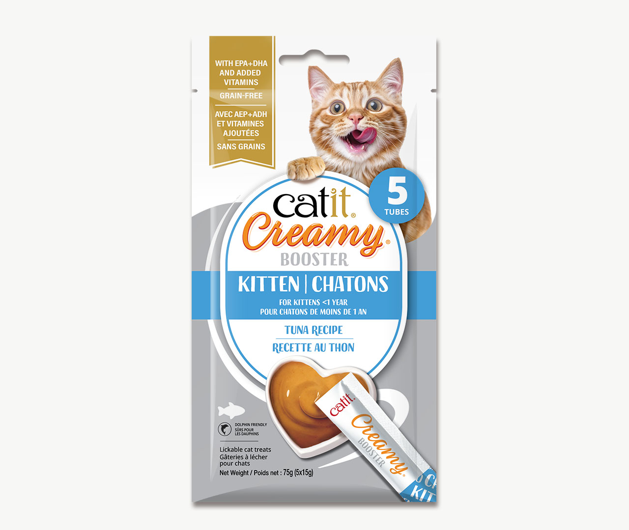 Emballage de gâterie Catit Creamy Booster pour chatons, recette au thon, contenant 5 tubes