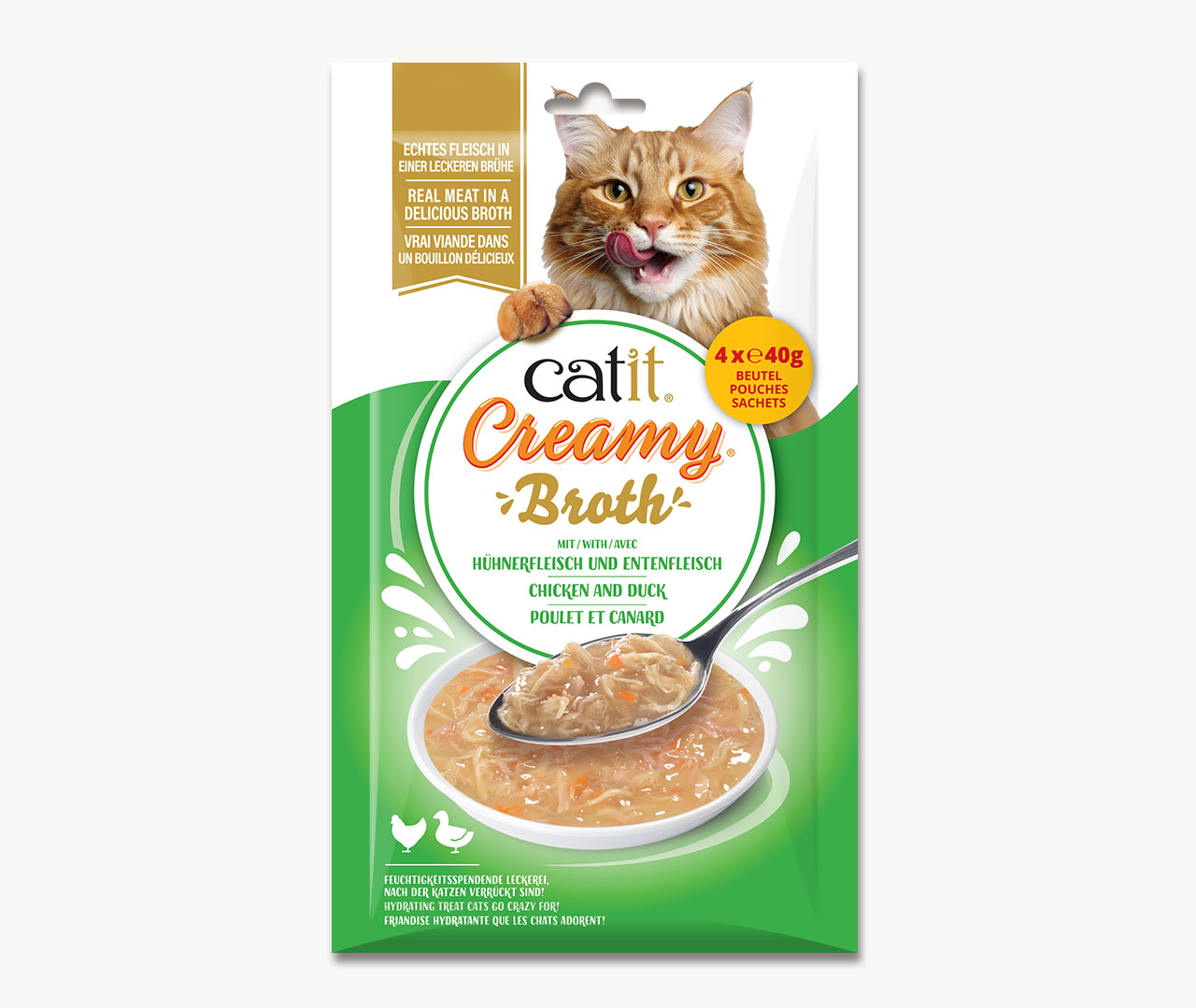 Verpackung des Katzensnacks Catit Creamy Broth mit Hühnerfleisch und Entenfleisch, enthält vier Beutel à 40 g