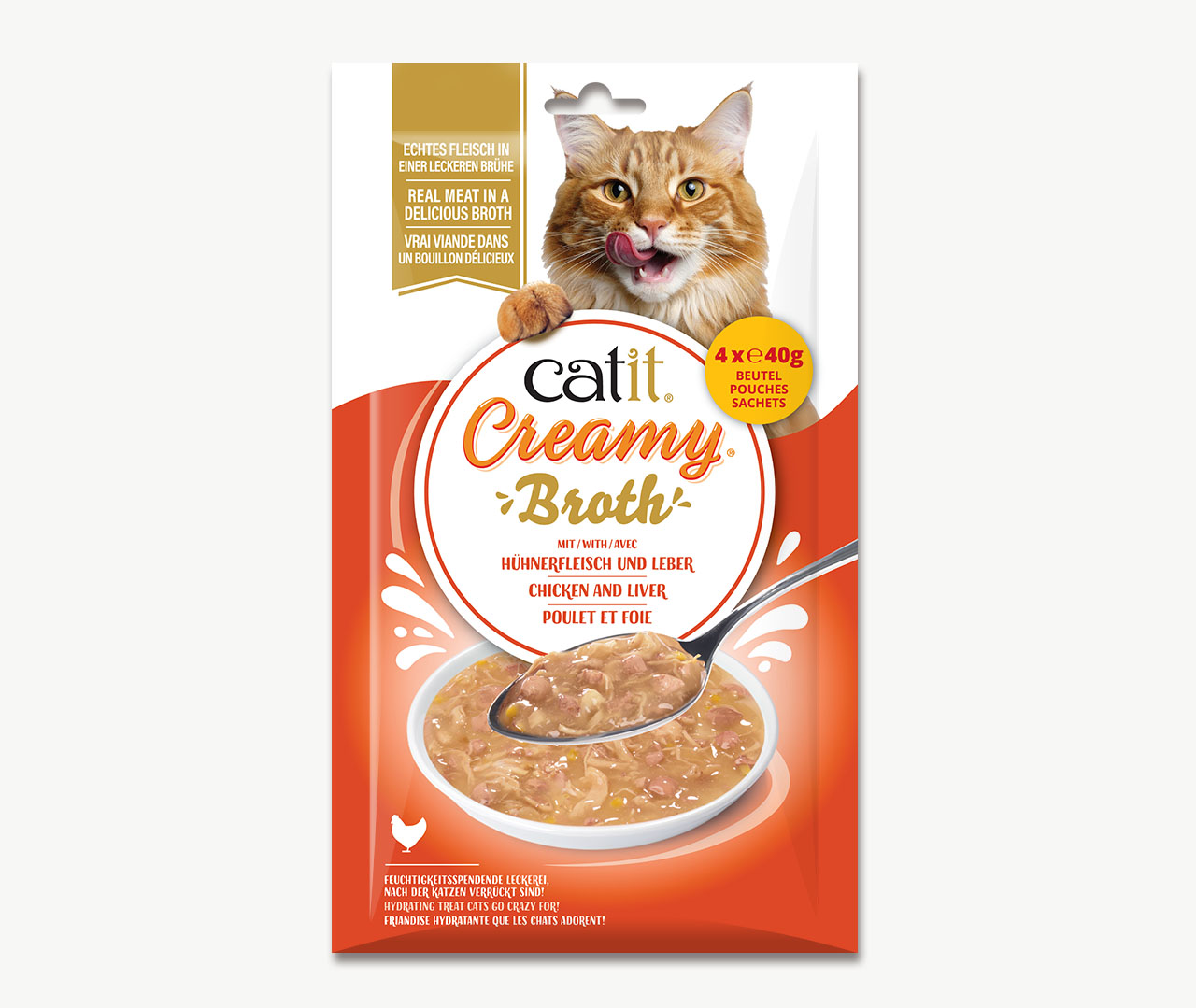 Verpackung des Katzensnacks Catit Creamy Broth mit Hühnerfleisch und Leber, enthält vier Beutel à 40 g