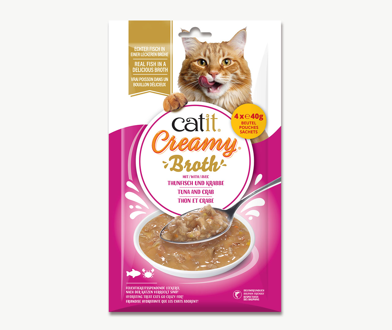 Verpackung des Katzensnacks Catit Creamy Broth mit Thunfisch und Krabbenfleisch, enthält vier Beutel à 40 g