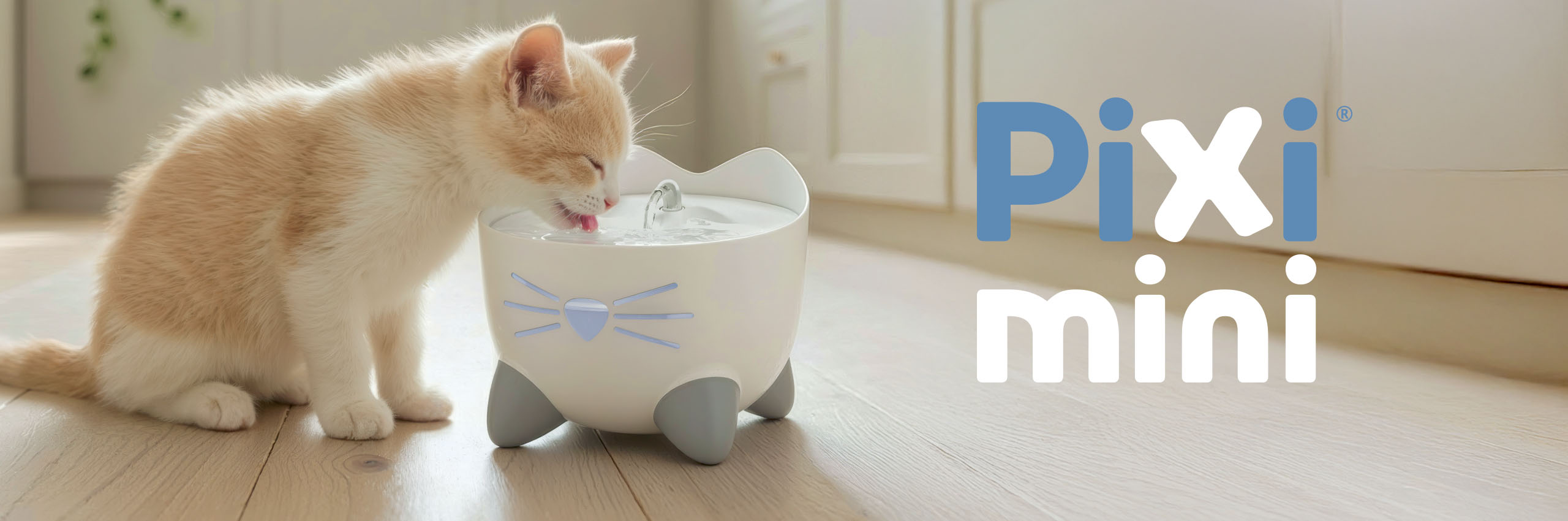 A light-colored kitten drinks from a white PIXI mini cat water fountain shaped like a cat face