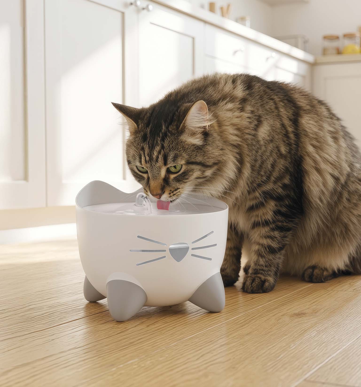 A long-haired tabby cat drinking from a white PIXI cat water fountain shaped like a cat head on a wooden floor