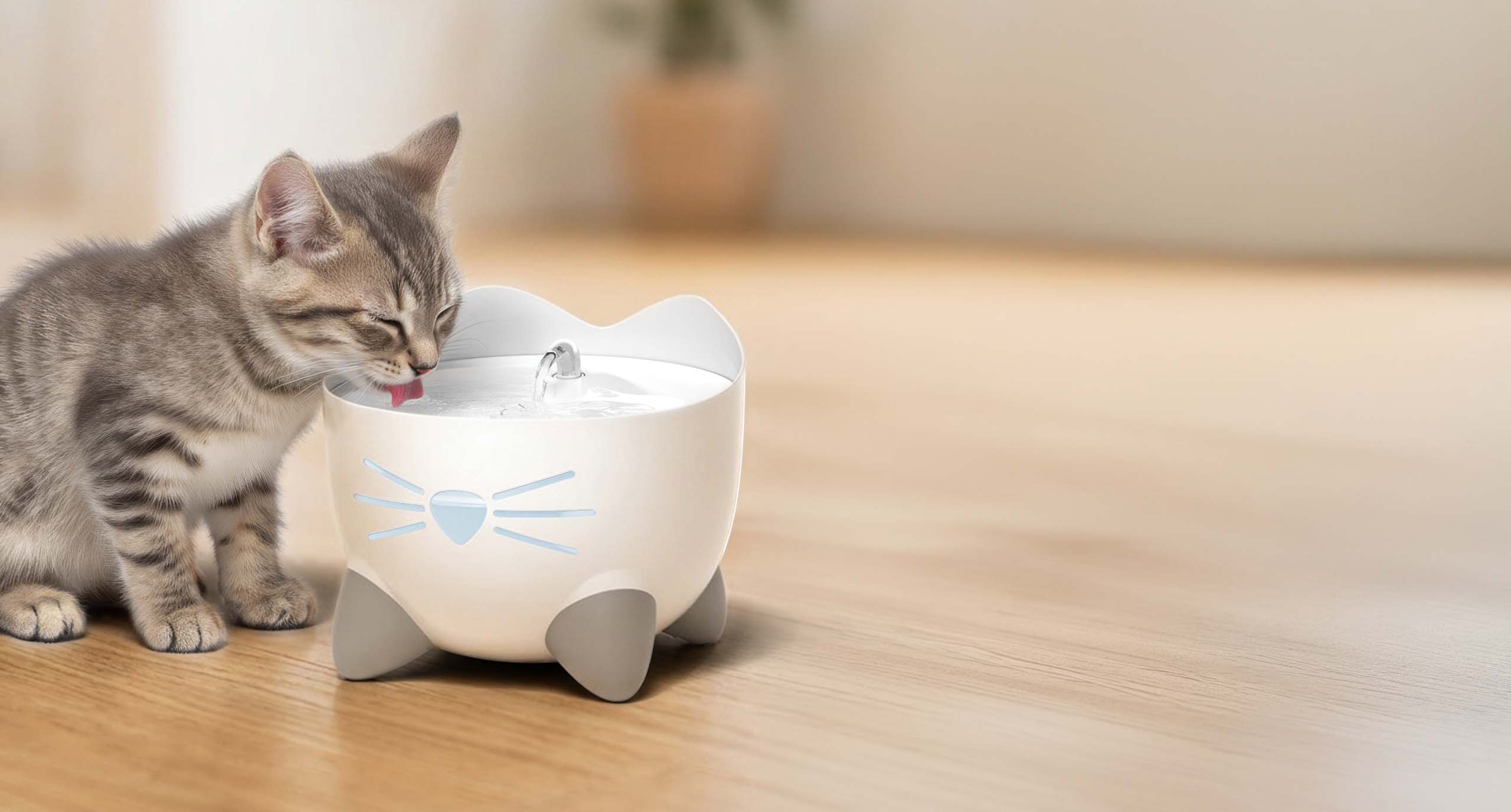 A tabby kitten drinking from the Catit Pixi mini fountain on a wooden floor.